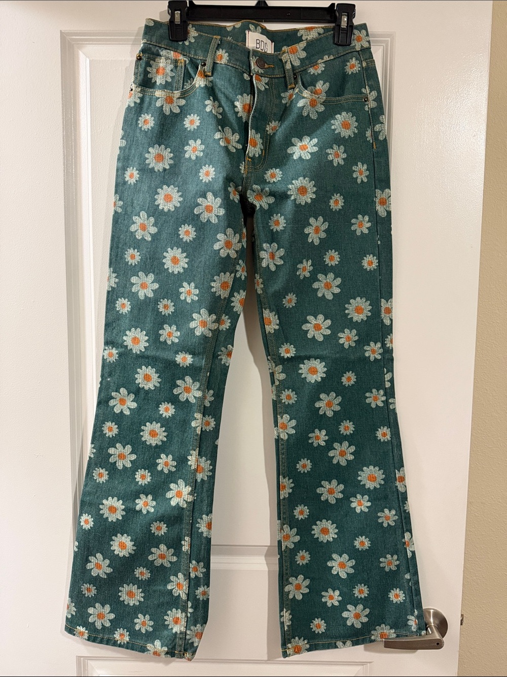 BDG Teal Green Daisy-Print Flared Jeans